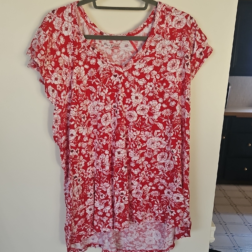 Lane Bryant Red and White Floral Blouse